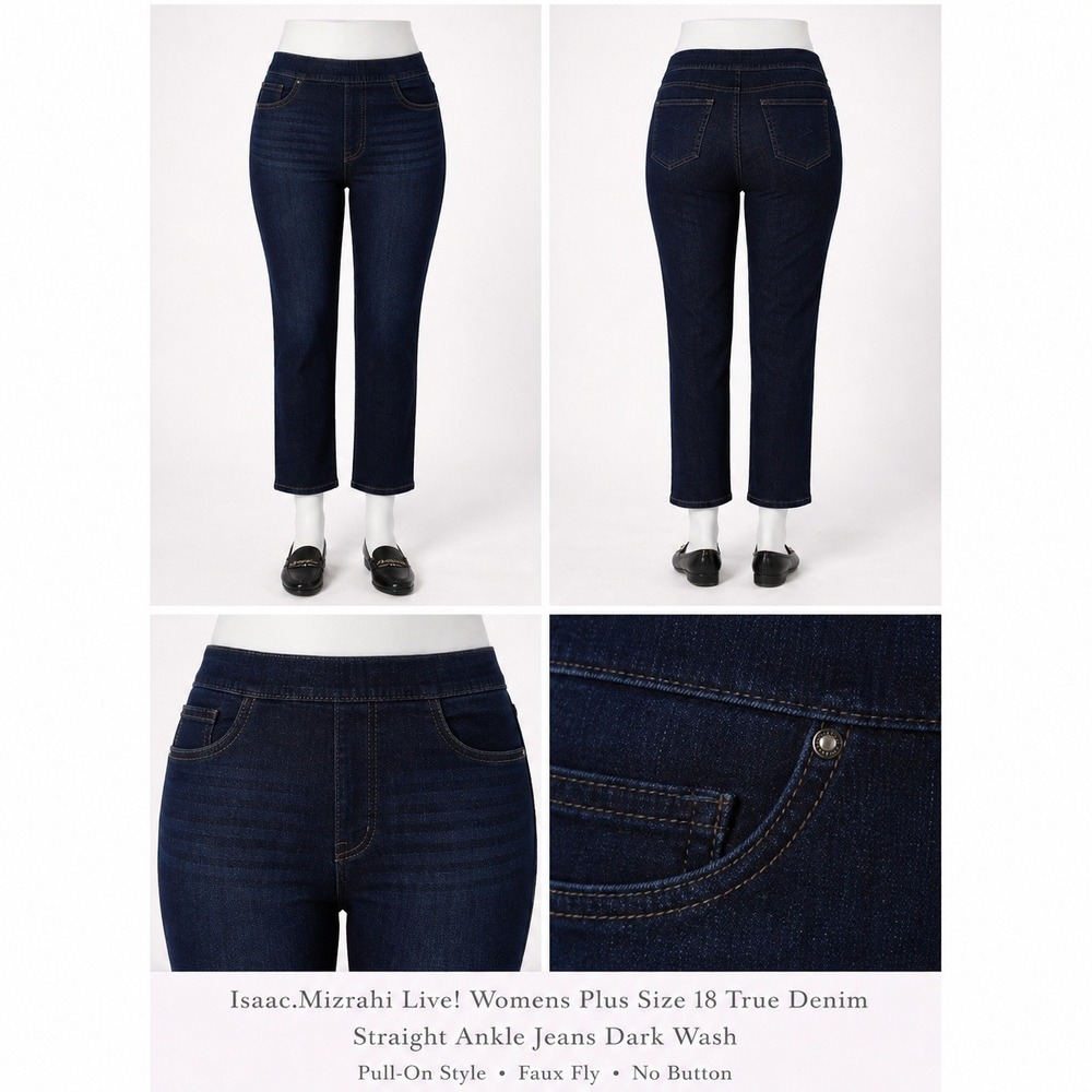Isaac Mizrahi Live Womens Plus Size 18 True Denim Straight Ankle Jeans Dark Wash